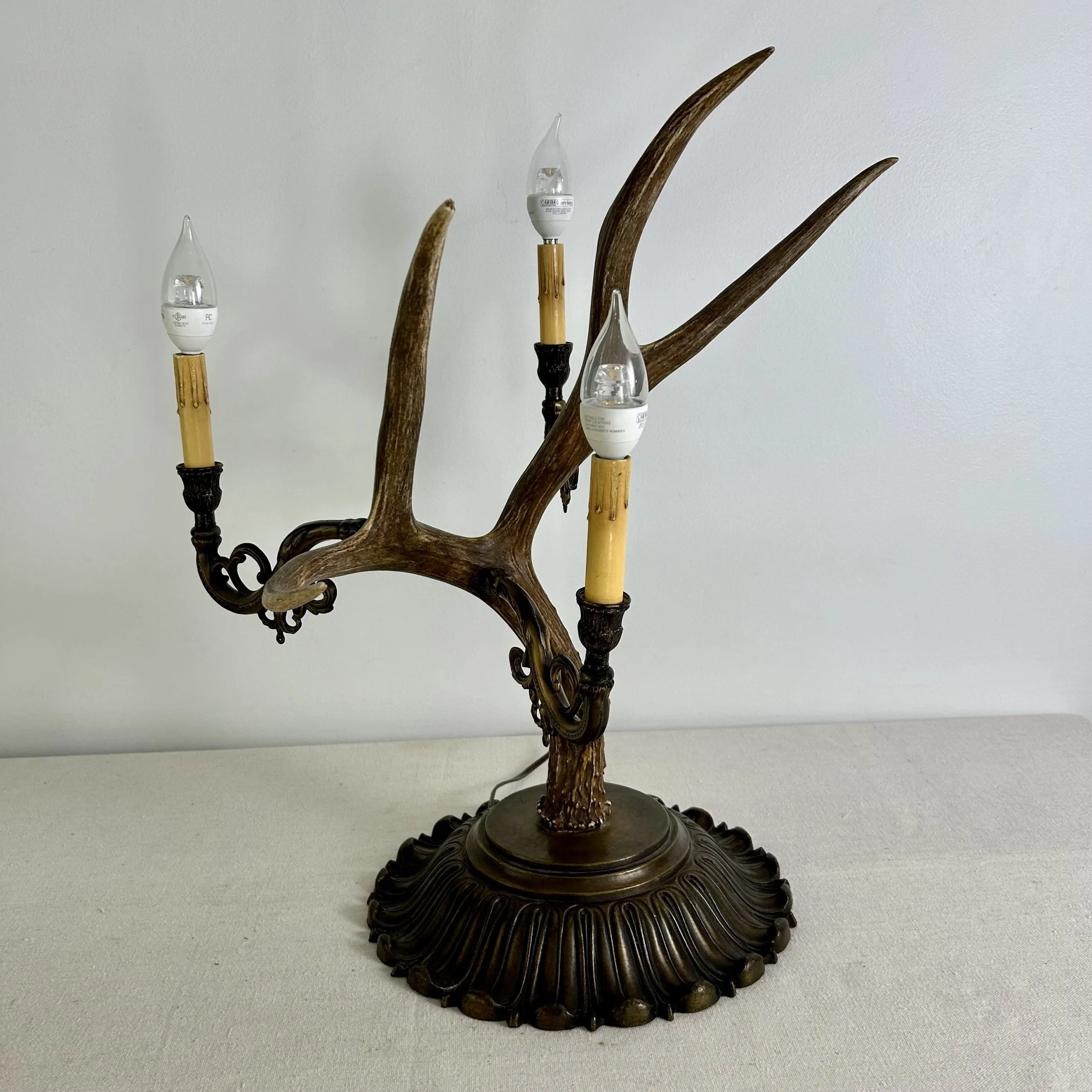 Antler Table Lamp with Three Candle Sticks, Brass Base, Vintage Look