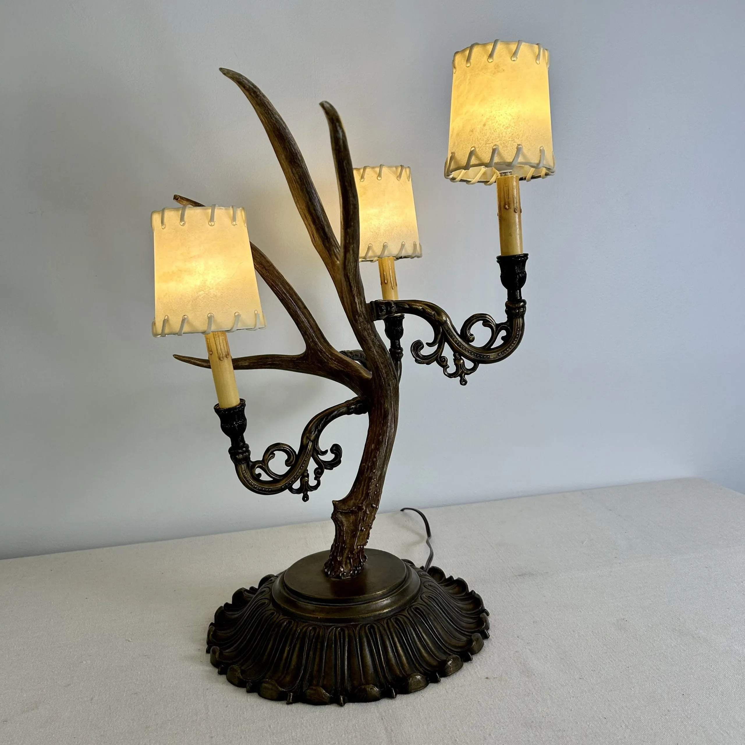 Antler Table Lamp with Three Candle Sticks, Brass Base, Vintage Look