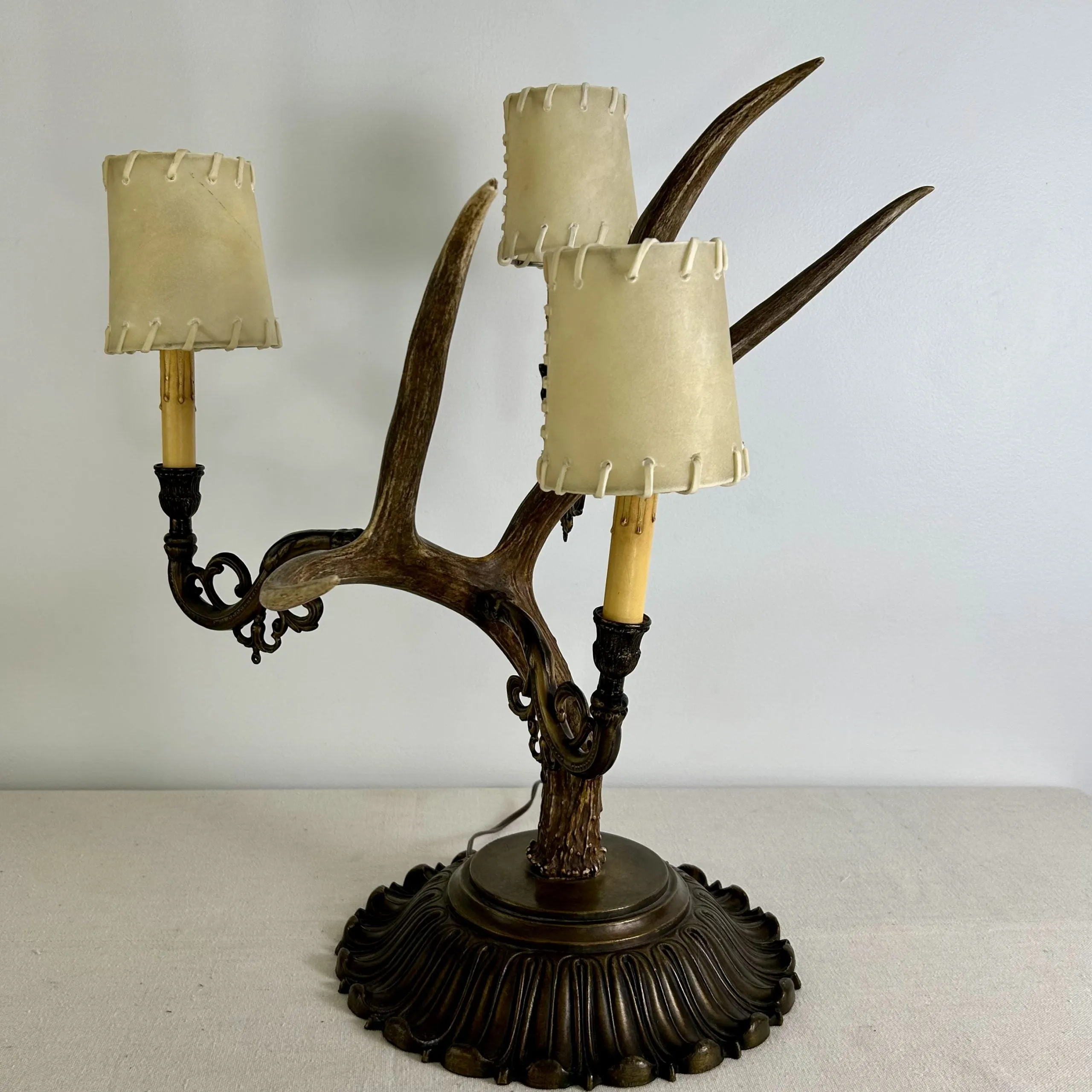 Antler Table Lamp with Three Candle Sticks, Brass Base, Vintage Look