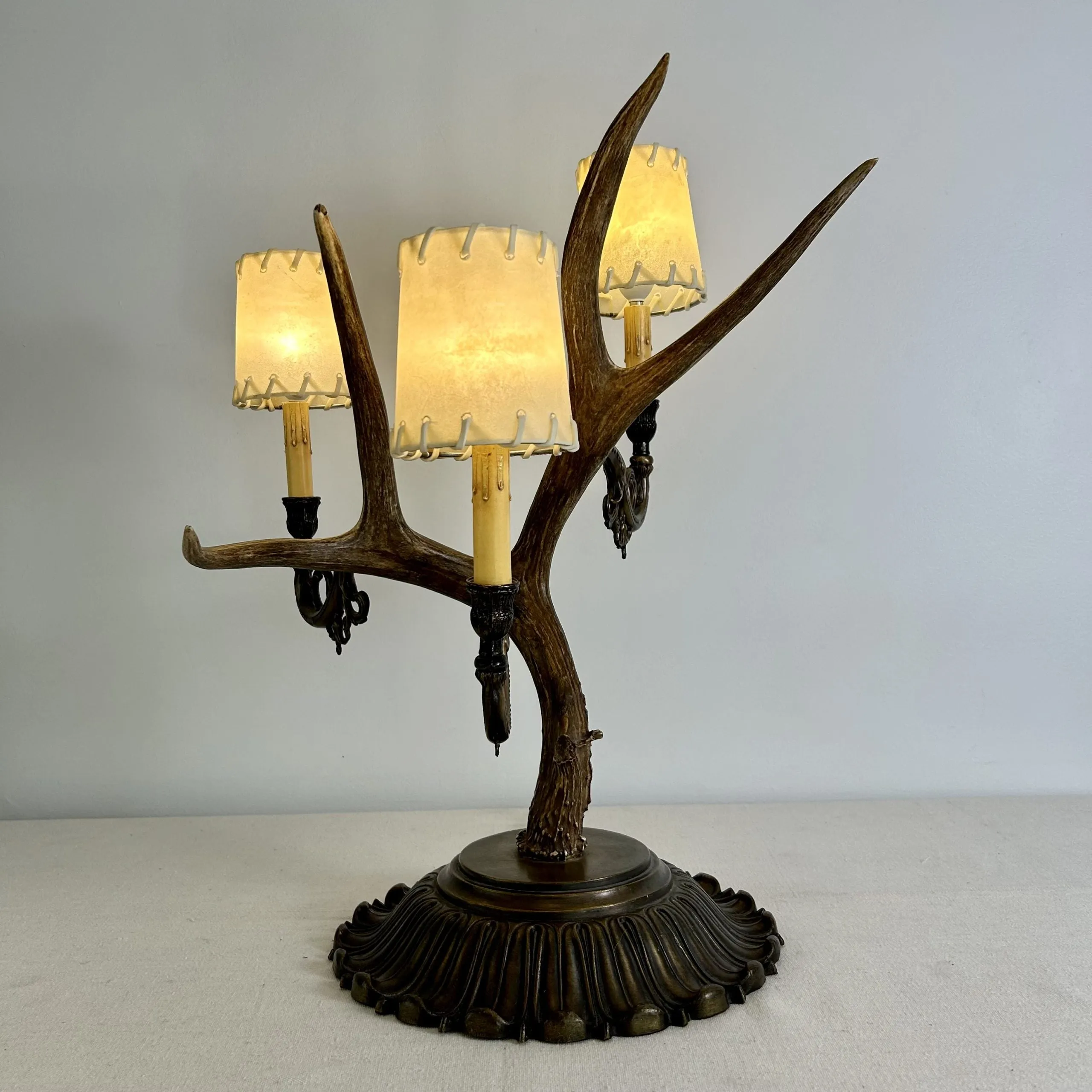 Antler Table Lamp with Three Candle Sticks, Brass Base, Vintage Look