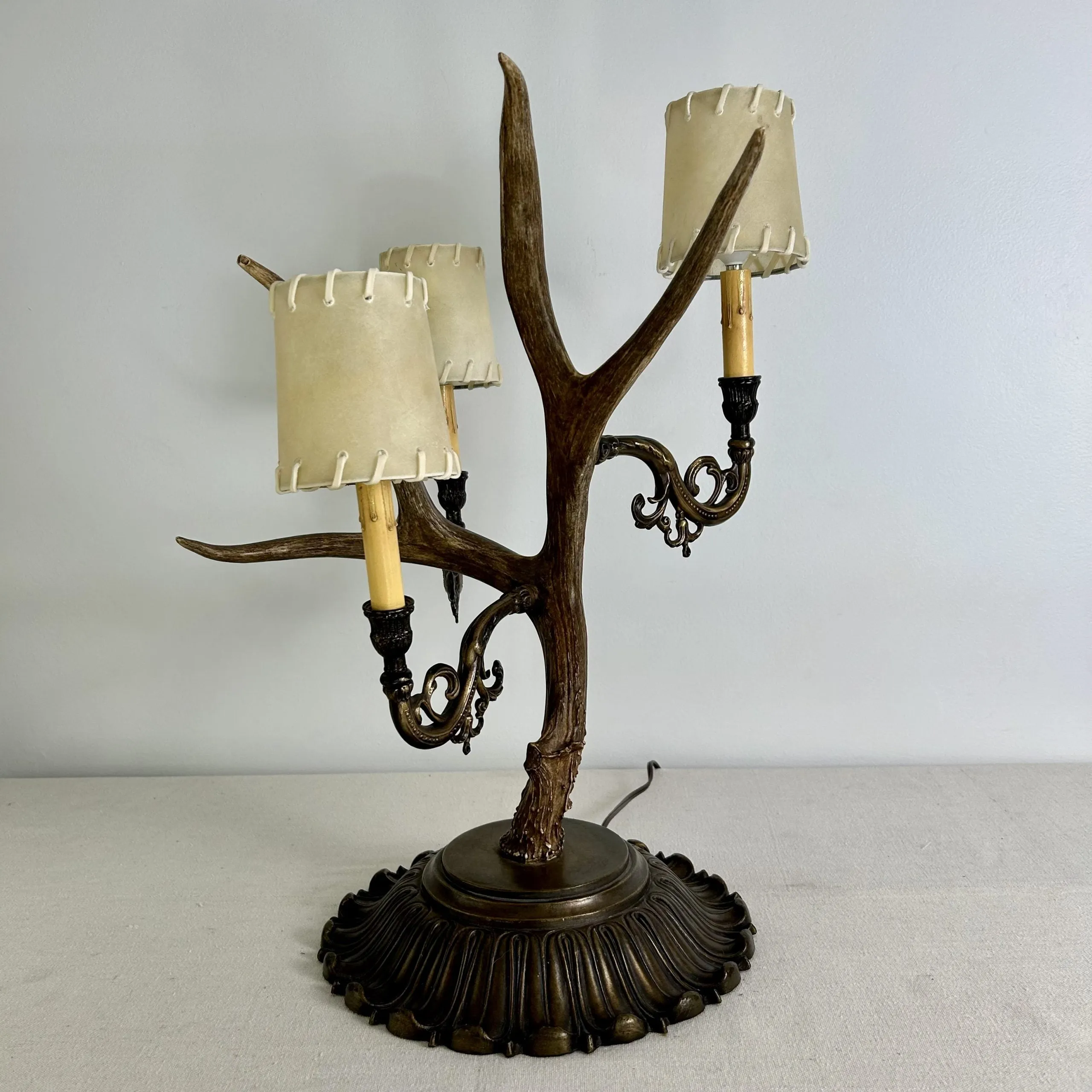 Antler Table Lamp with Three Candle Sticks, Brass Base, Vintage Look