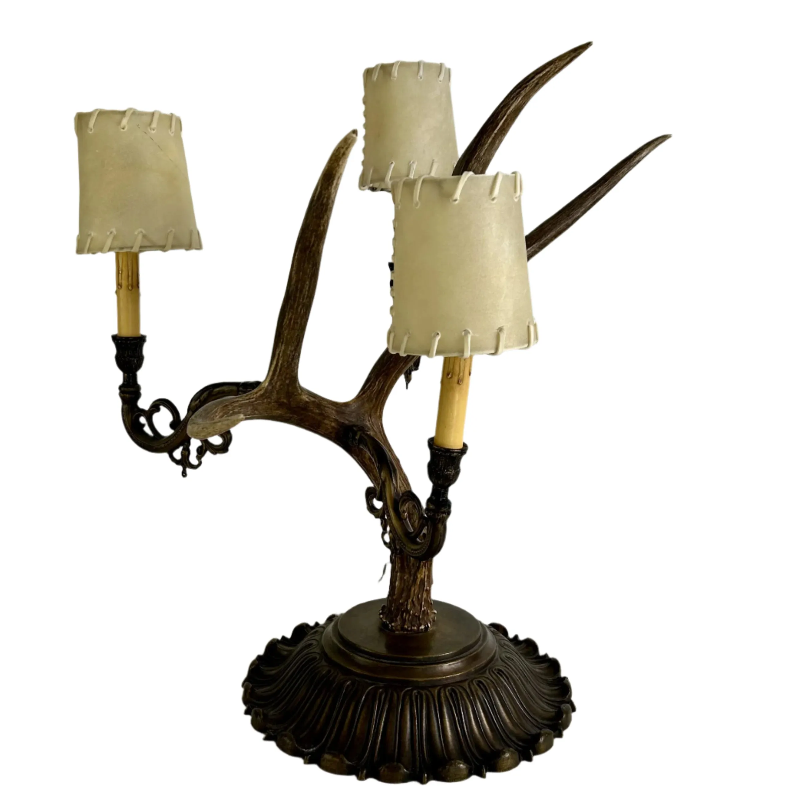 Antler Table Lamp with Three Candle Sticks, Brass Base, Vintage Look