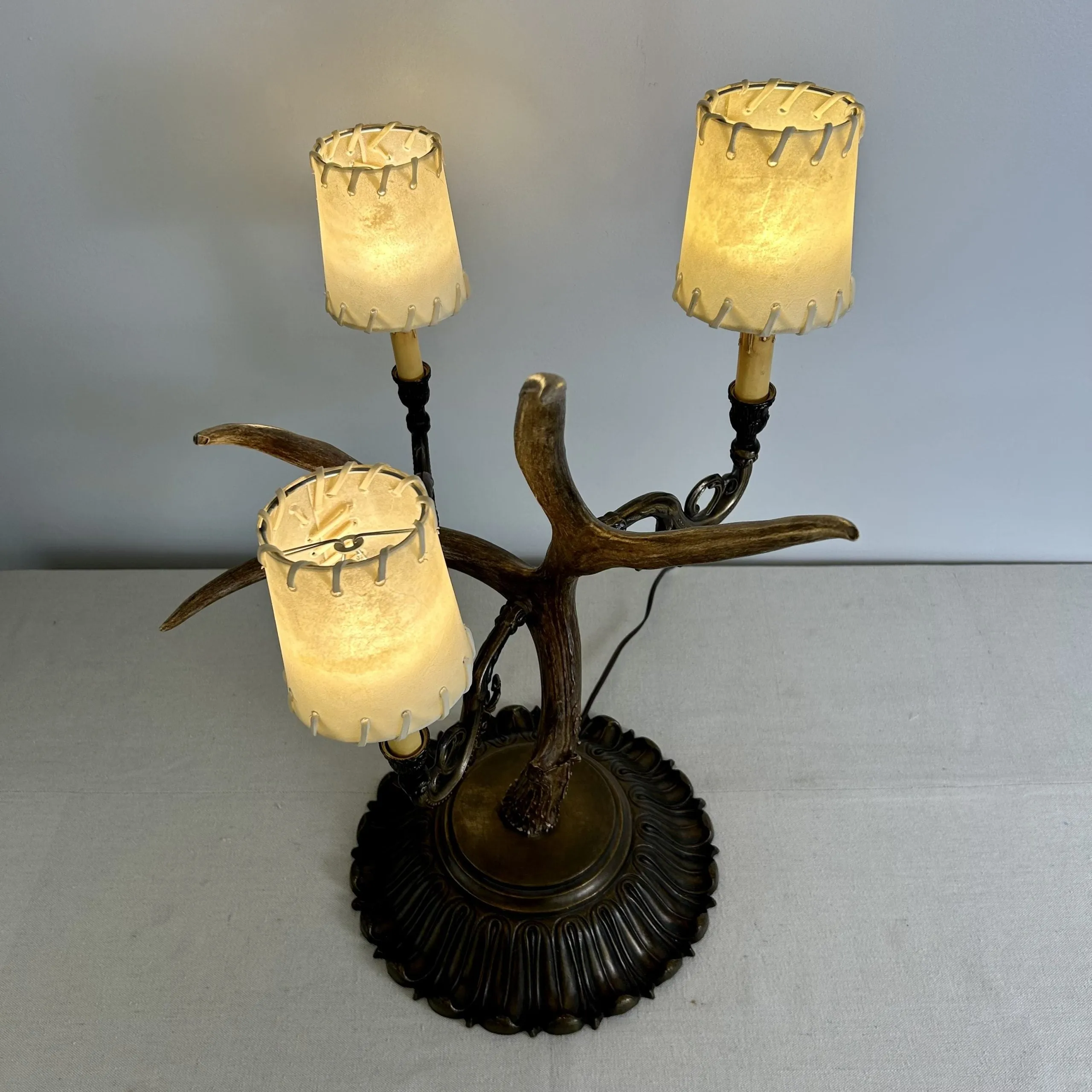 Antler Table Lamp with Three Candle Sticks, Brass Base, Vintage Look