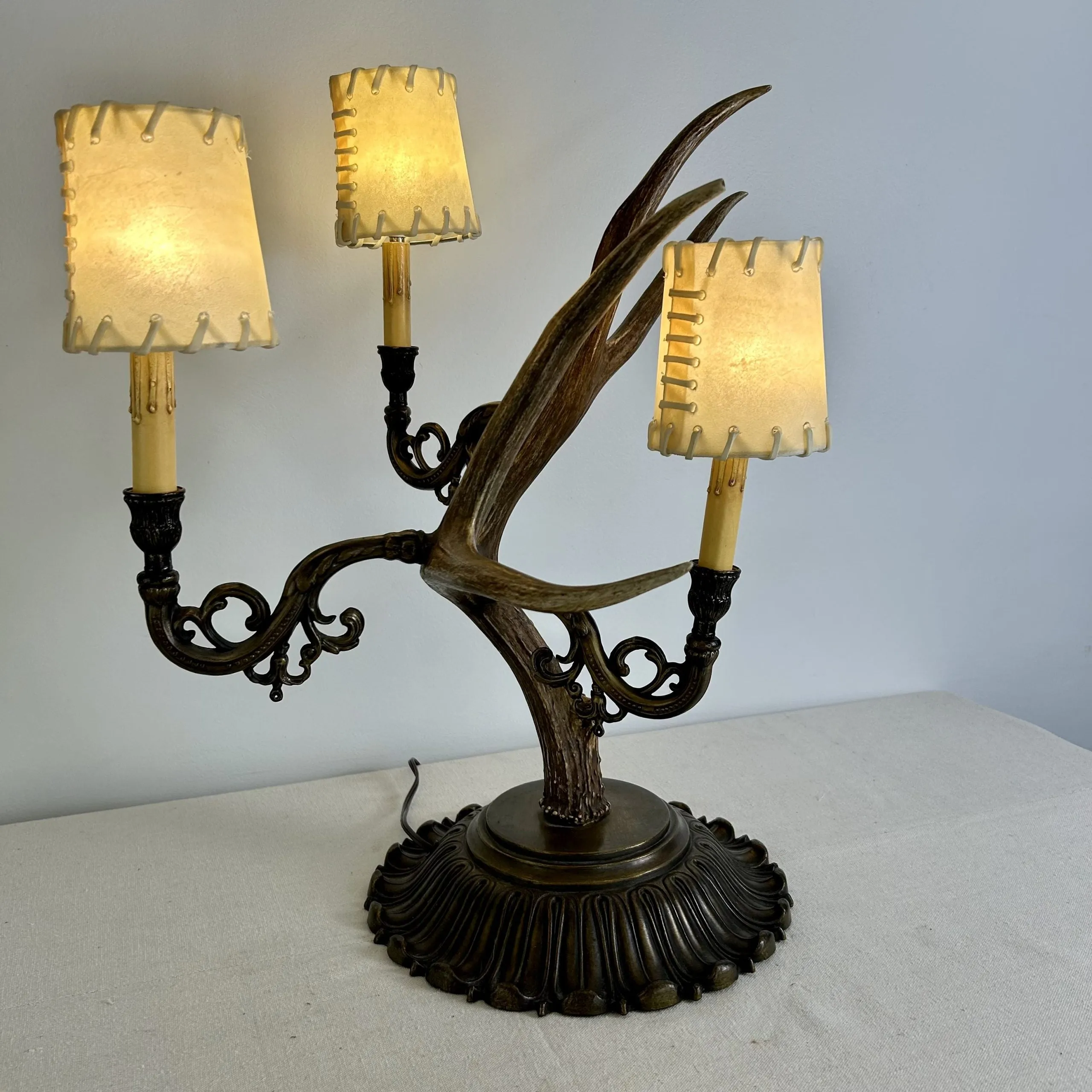 Antler Table Lamp with Three Candle Sticks, Brass Base, Vintage Look