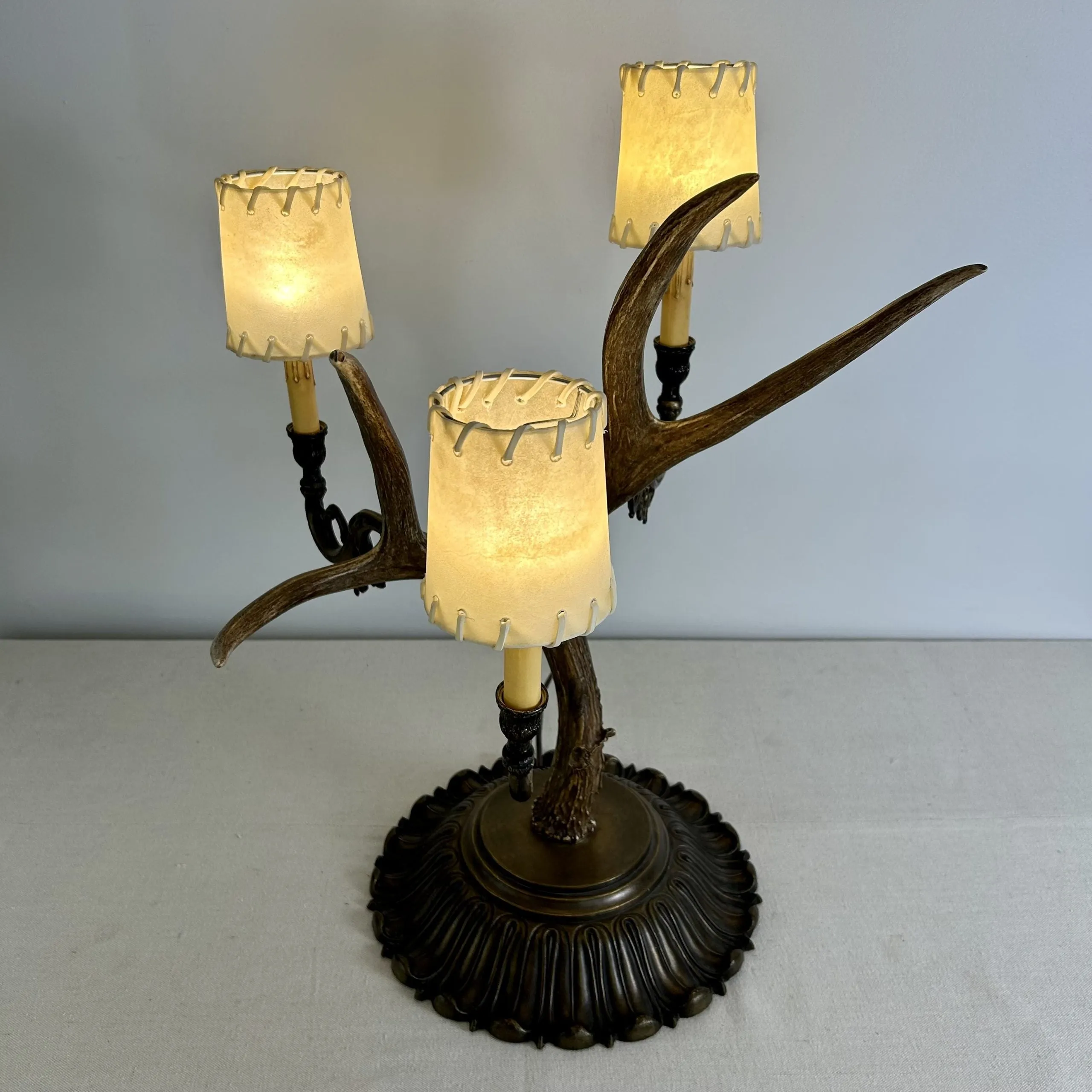 Antler Table Lamp with Three Candle Sticks, Brass Base, Vintage Look