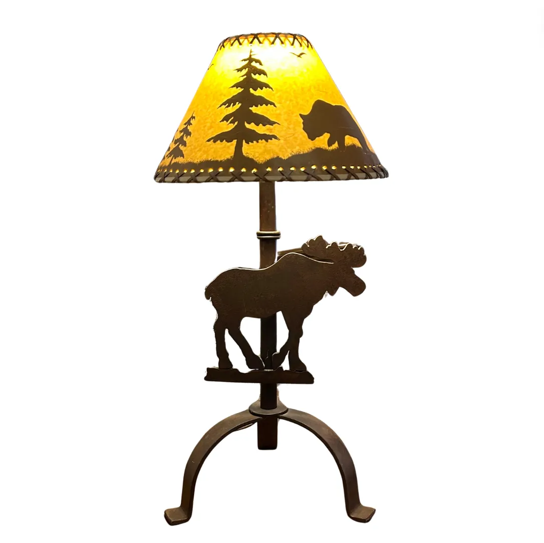 Black Forest Decor, Moose Table Lamp Metal, Rust Finish With Shade