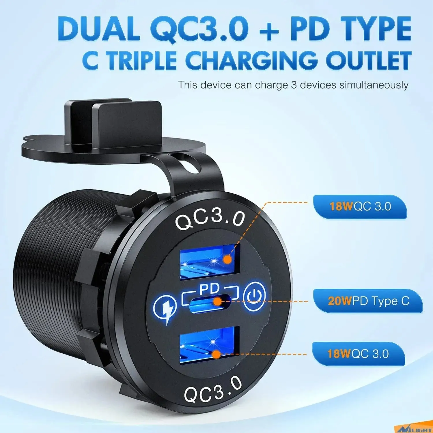 Blue LED PD Type C Dual QC 3.0 USB Socket Charger