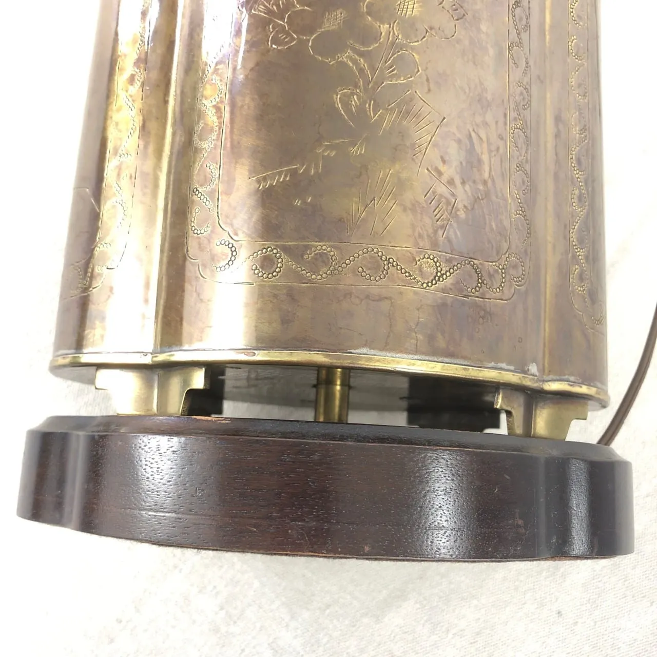 Brass, Etched Table Lamp, Wood Base, Asian Design