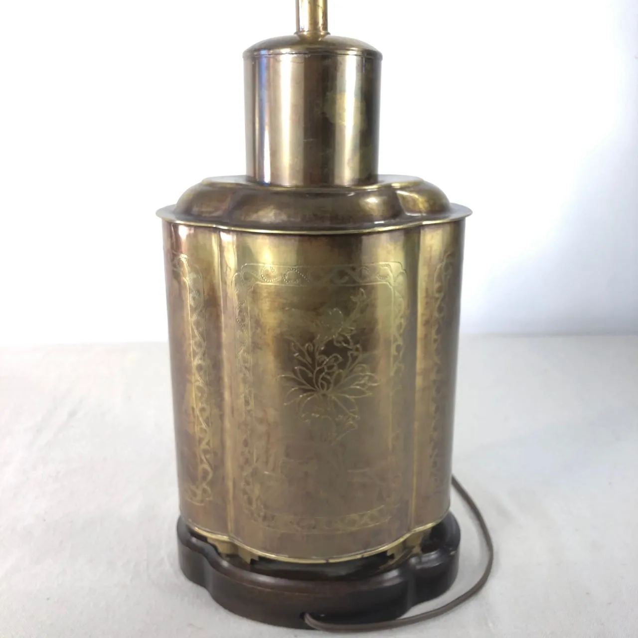Brass, Etched Table Lamp, Wood Base, Asian Design