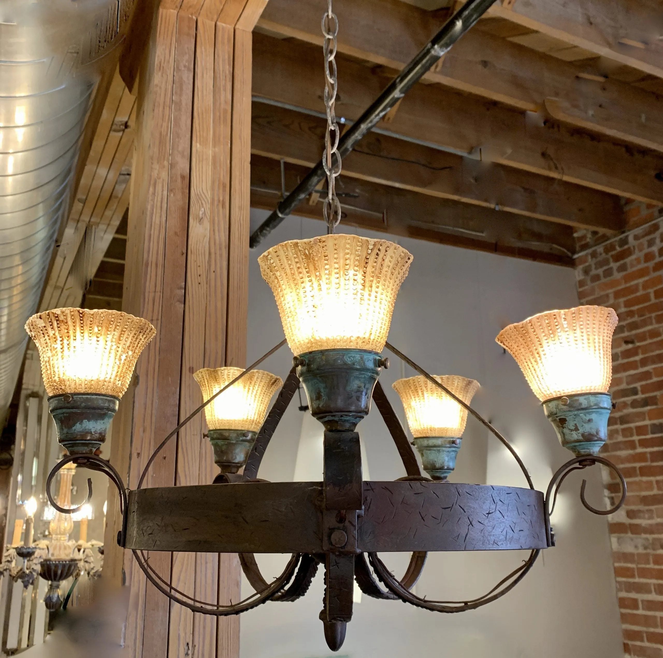 Five Light Iron Chandelier, Bronze, Rustic