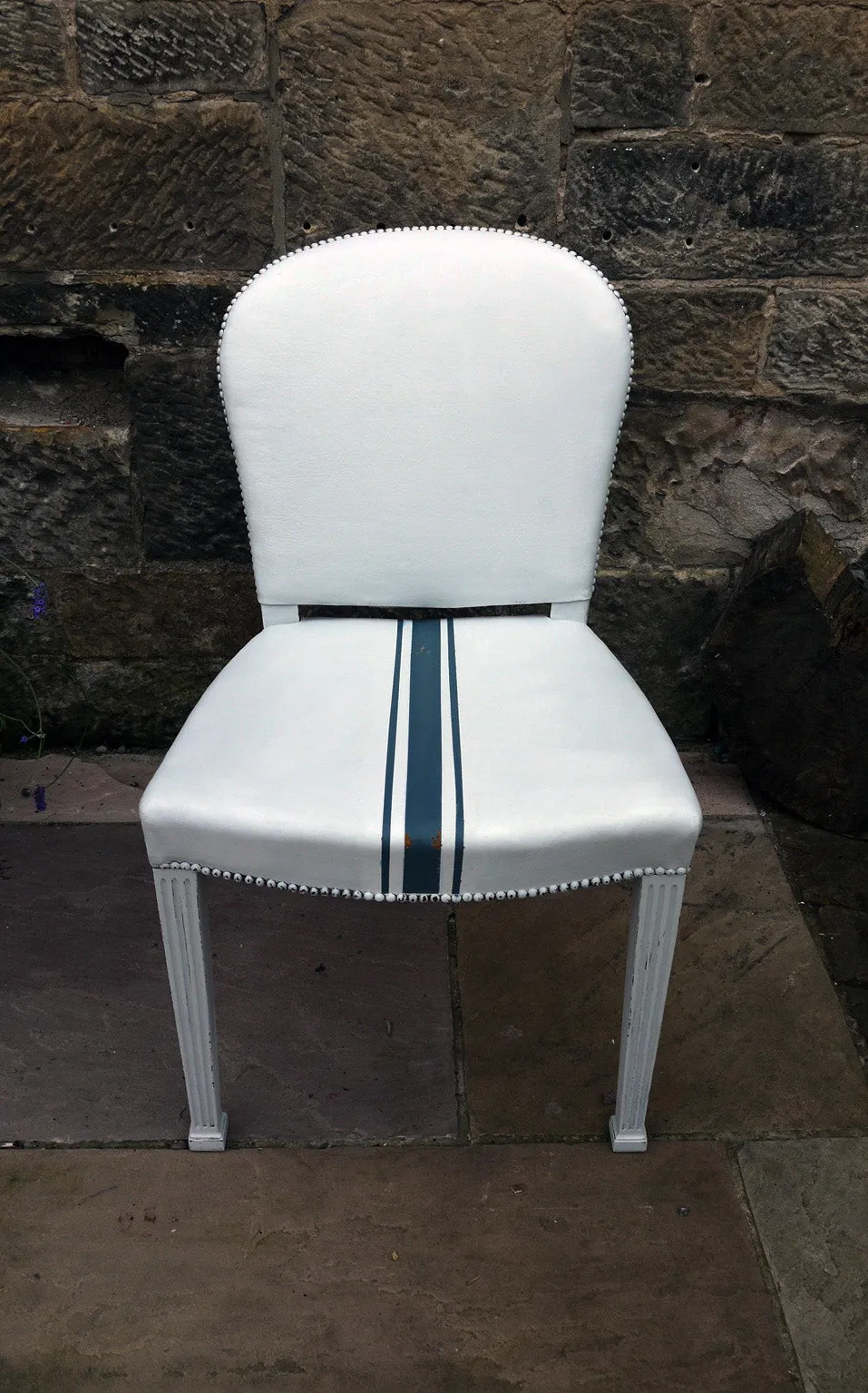 Painted leather desk chair in fusion mineral paint lamp white with homestead blue grain sack stripe