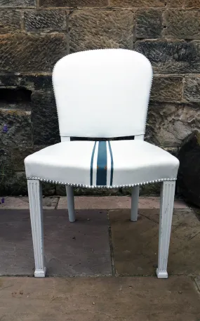 Painted leather desk chair in fusion mineral paint lamp white with homestead blue grain sack stripe