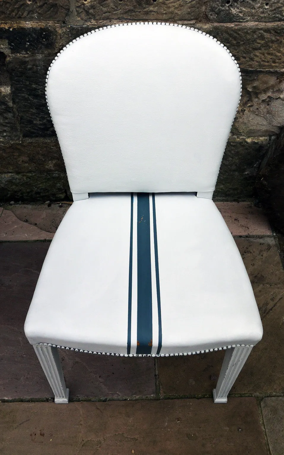 Painted leather desk chair in fusion mineral paint lamp white with homestead blue grain sack stripe